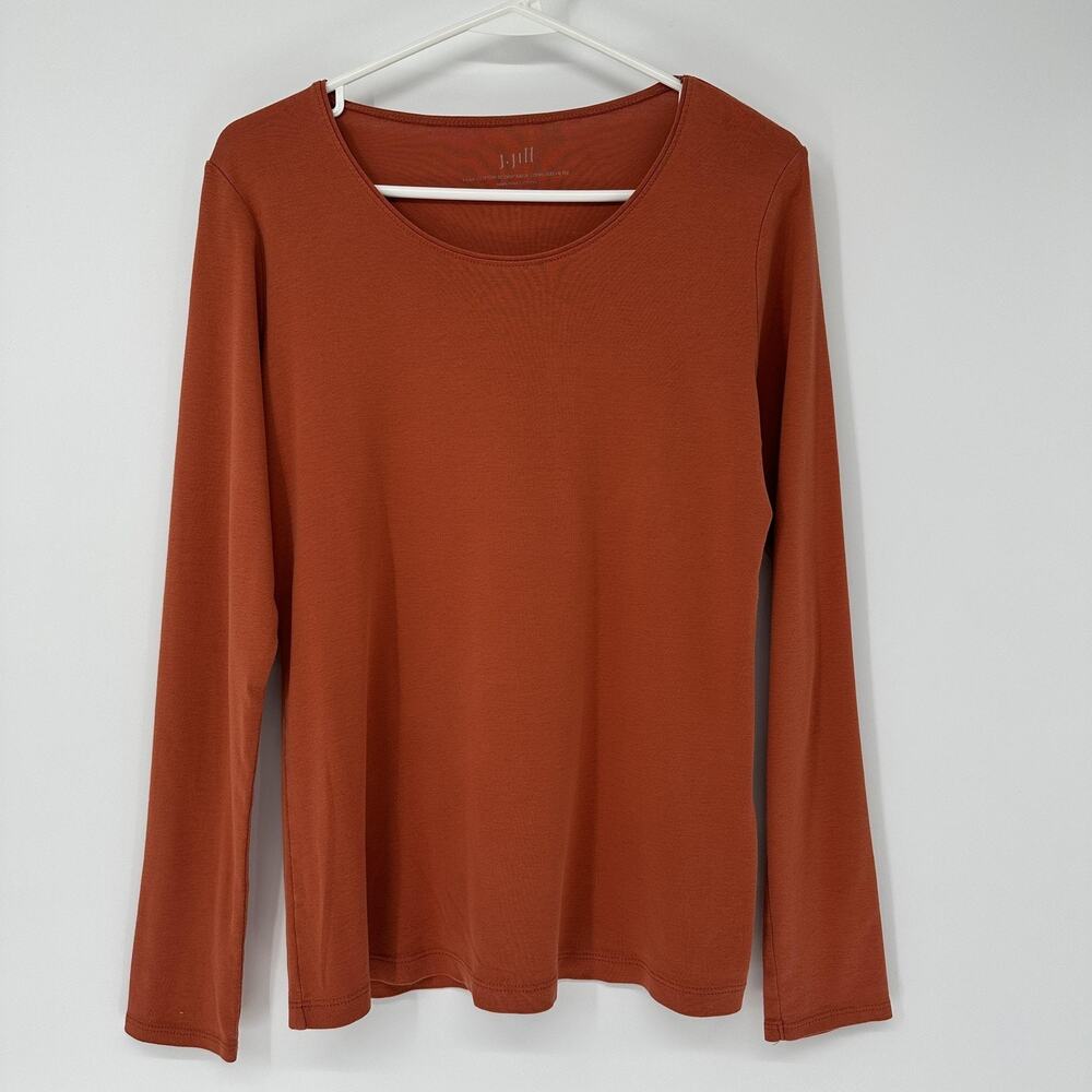J Jill Womens MEDIUM Rust Orange 100% Pima Cotton Scoop Neck Long Sleeve Tee